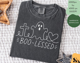 PNG sin fantasmas, diseño cristiano de Halloween con cruz y corazón para sublimación, PNG para camiseta de otoño con temática religiosa, descarga digital de fantasma bendito