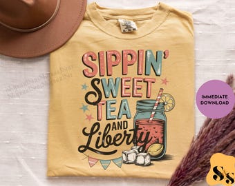 Sippin' Sweet Tea & Liberty PNG: Boho kwiatowy wzór sublimacji z okazji 4 lipca (pobranie cyfrowe)