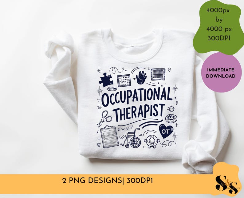 Puede incluir: Sudadera blanca con un dise&ntilde;o gr&aacute;fico azul que dice "Occupational Therapist" e incluye varios s&iacute;mbolos relacionados con la profesi&oacute;n, como una pieza de rompecabezas, una mano, un portapapeles y una silla de ruedas.