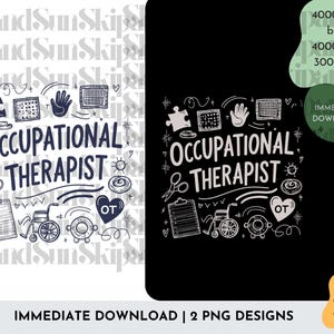 Puede incluir: Dos dise&ntilde;os digitales en blanco y negro con el texto "Occupational Therapist" y varios iconos relacionados, incluyendo una pieza de rompecabezas, una mano, un portapapeles, una silla de ruedas y un salvavidas. Los dise&ntilde;os est&aacute;n sobre un fondo blanco y un fondo negro.