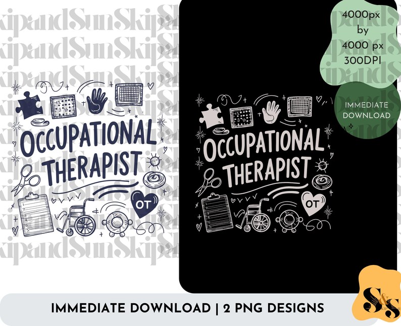 Puede incluir: Dos dise&ntilde;os digitales en blanco y negro con el texto "Occupational Therapist" y varios iconos relacionados, incluyendo una pieza de rompecabezas, una mano, un portapapeles, una silla de ruedas y un salvavidas. Los dise&ntilde;os est&aacute;n sobre un fondo blanco y un fondo negro.