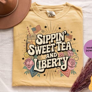 Sippin&#39; Sweet Tea and Liberty Png, Groovy Retro, 4th Of July Sublimation Designs, Patriotic Png, Instant DIGITAL, Independence Day Png