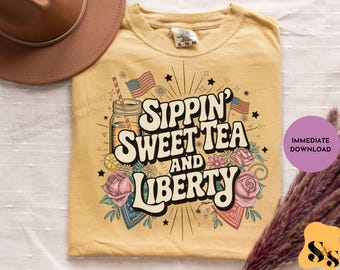 Retro 4 lipca PNG: Słodka herbata i projekt sublimacji Liberty (pobranie cyfrowe)