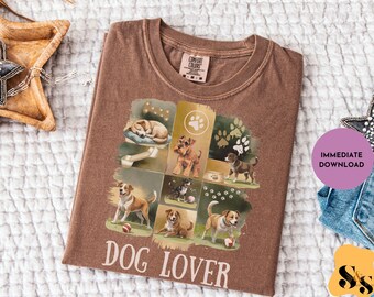 Puede incluir: Camiseta marrón Comfort Colors con un diseño de perros. El diseño presenta ilustraciones de diferentes razas de perros, huellas de patas y el texto "DOG LOVER". La camiseta tiene cuello redondo y mangas cortas. Una pegatina con "IMMEDIATE DOWNLOAD" es visible.