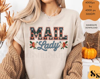 Mail Lady brodé PNG 300 DPI - Motif tissé par sublimation pour des t-shirts, des tasses et des cadeaux pour les postiers