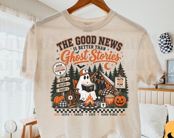 Las buenas noticias son mejores que las historias de fantasmas PNG, diseño de sublimación de Halloween para campamento cristiano, camiseta de otoño de fe PNG, fantasma bíblico digital