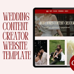 Könnte beinhalten: Ein digitaler Tablet-Computer, der eine Website-Vorlage für einen Hochzeits-Content-Ersteller anzeigt. Die Website zeigt einen roten Header, Bilder von Paaren und den Text "WEDDING CONTENT CREATOR WEBSITE TEMPLATE". Das Canva-Logo ist sichtbar.