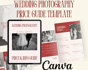 Modello di guida ai prezzi per la fotografia di matrimonio: design romantico rosso su Canva (PDF scaricabile in formato A4)