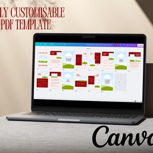 May include: A laptop screen displaying a grid of digital document pages with red and green graphic elements. The text "FULLY CUSTOMISABLE PDF TEMPLATE" appears in red at the top, and the word "Canva" is written in black at the bottom right.