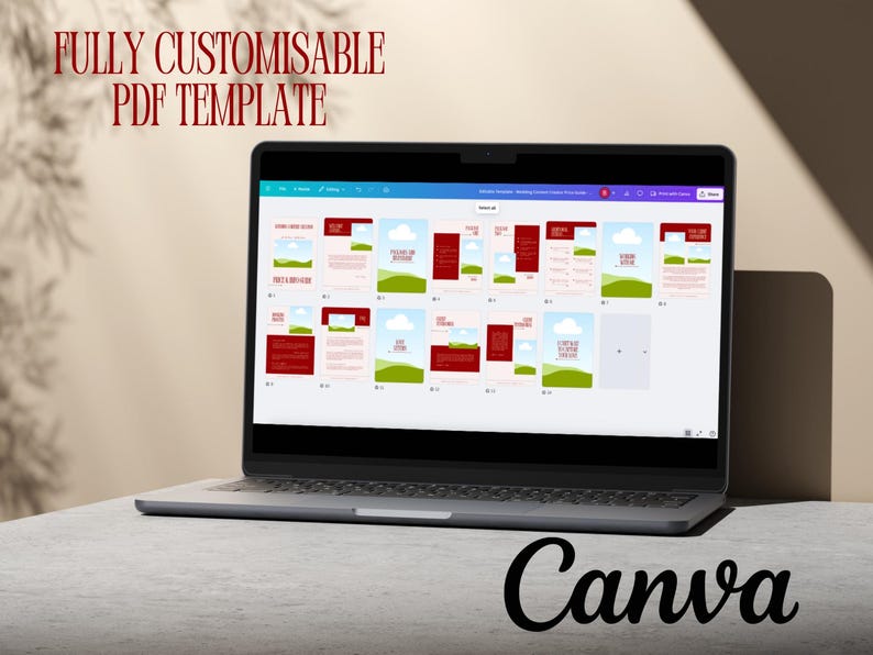 May include: A laptop screen displaying a grid of digital document pages with red and green graphic elements. The text "FULLY CUSTOMISABLE PDF TEMPLATE" appears in red at the top, and the word "Canva" is written in black at the bottom right.