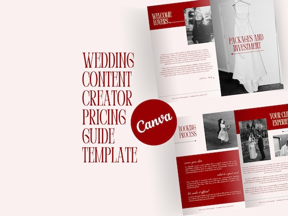 Wedding Content Creator Pricing Guide Template: Romantic Red Canva Design (PDF Download A4 Size)