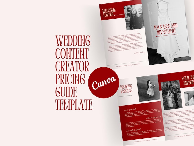 May include: A digital wedding content creator pricing guide template featuring a red and white color scheme. The layout includes sections titled Welcome Lovers, Packages and Investment, Booking Process, and Your Client Experience with text.