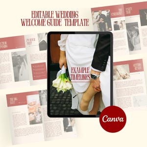 May include: An editable wedding welcome guide template featuring multiple page layouts with red and white colour schemes. The design includes text headers like Editable Wedding Welcome Guide Template, Example Timelines, and The Big Day, alongside various black and white wedding photographs and a Canva logo.