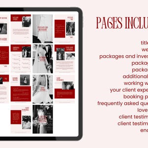 May include: A digital tablet displaying a wedding content creator price and info guide template. The layout features a color palette of deep red and soft pink, incorporating black and white wedding photography, serif typography, and various page headers.