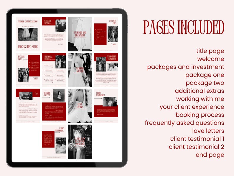 May include: A digital tablet displaying a wedding content creator price and info guide template. The layout features a color palette of deep red and soft pink, incorporating black and white wedding photography, serif typography, and various page headers.
