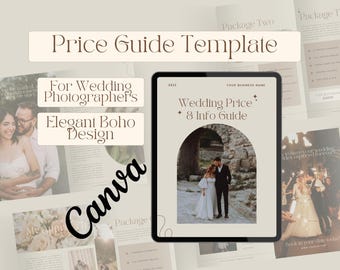Modello di guida ai prezzi per la fotografia di matrimonio boho: elegante design Canva (PDF scaricabile in formato A4)