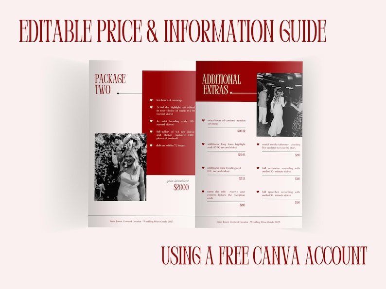 Wedding Content Creator Pricing Guide Template: Romantic Red Canva Design (PDF Download A4 Size) image 2