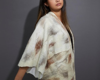 Nuno felted jacket , Natural Cream colour wearable art jacket , Wool kimono coat , hand made felt coat, Arty wool jacket