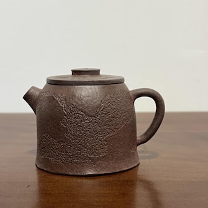 Mini Engraved Yixing Zisha Teapot 110ml - Textured Clay Barrel Teapot with Carved Calligraphy & Landscape