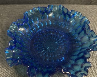 Fenton Cobalt Blue Glass Thumbprint Ruffled Bowl 8&quot; Wide