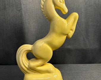 VTG Yellow Ceramic Rearing Horse Figure Statue 10.5&quot; Glazed Deco Stallion