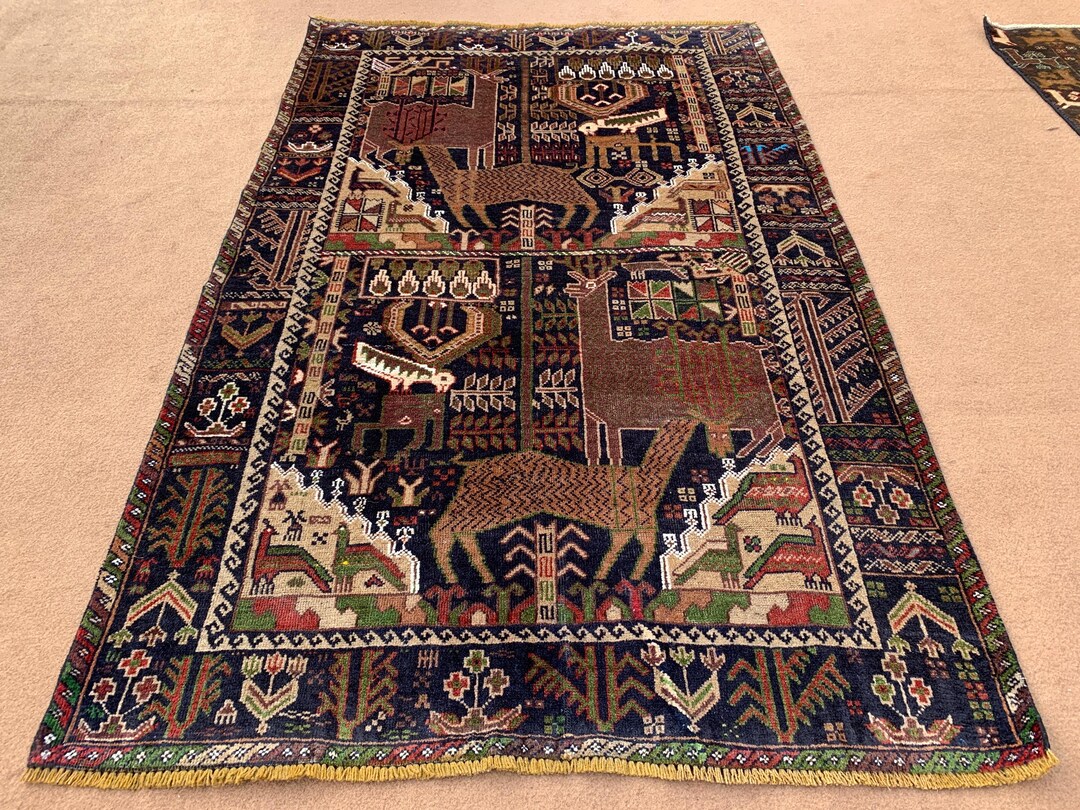 Antique Pictorial Rug Afghan Handmade Wool Rug, Vintage Animal Hunting ...