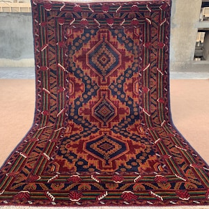 4x6 ft Geometric Area Rug, Afghan Vintage Rug, Hand Knotted Rug, Herati Baluchi Rug, Oriental Wool Rug, Rugs for Kitchen Bedroom Office Rug.