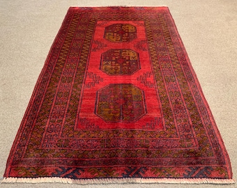 Vintage Red Rug 2x4 ft Handmade Afghan Wool Rug Antique Ersari design Rug Turkmen Tribal Rug Oriental Area Rug Entryway Bedroom Kitchen Rug.
