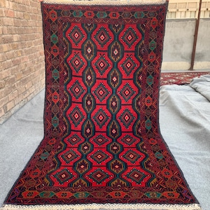 3x6 ft Afghan Geometric Area Rug, Hand Knotted Wool Rug, Herati Baluchi Rug, Oriental Rug, Red Brown Green Gold Colors Rug, Living Room Rug.
