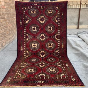 3x6 Afghan Baluchi Area Rug, Hand Knotted Wool Rug, Turkmen Tekke design Rug, Vintage Oriental Rug, Living Room Rug, Free Shipping Rug.