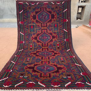 Antique Geometric Area Rug, Vintage Afghan Baluchi Rug, Hand Knotted Wool Rug, Oriental Tribal Rug, Rugs for Living Room Bedroom Rug 3x6 ft