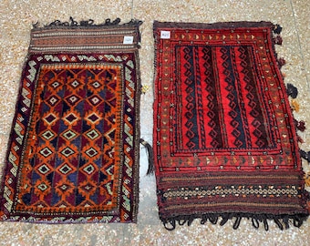 Set of 2 Vintage Balisht Rug Handmade Afghan Wool Rug, Oriental Antique Rug, Turkmen Tribal Rug, Cushion Cover Rug Small Entryway Rug 2x3 ft