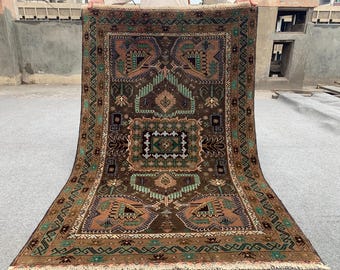 Vintage Baluchi Rug Hand Knotted Wool Rug One of a kind Afghan Rug, Geometric Oriental Rug Famous Herati Rug Living Room Bedroom Rug 4x6 ft