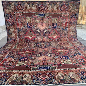 1950s Antique Rug Large Pictorial Rug 10x13 ft Afghan Handmade Wool Rug Animal Hunting Rug High Pile Vintage Rug Living Room Dining Room Rug
