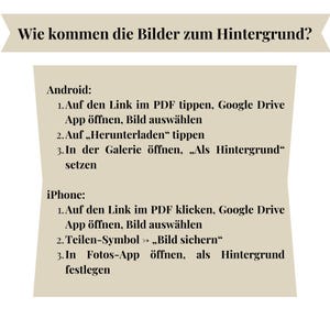 May include: A diagram showing how to set an image as a background on Android and iPhone devices. The instructions are written in German.