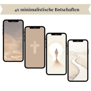 May include: Four minimalist phone wallpapers with a religious theme. The first wallpaper features a white cross against a beige background. The second wallpaper features a white cross against a beige background with a textured design. The third wallpaper features a person walking towards a bright light. The fourth wallpaper features a winding path in a desert landscape.