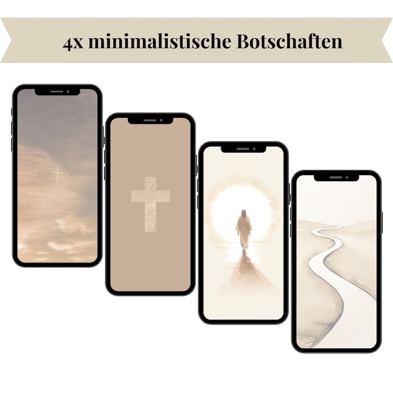 May include: Four minimalist phone wallpapers with a religious theme. The first wallpaper features a white cross against a beige background. The second wallpaper features a white cross against a beige background with a textured design. The third wallpaper features a person walking towards a bright light. The fourth wallpaper features a winding path in a desert landscape.