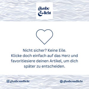 May include: White background with a blue heart outline and text in German. The text says "Nicht sicher? Keine Eile. Klicke doch einfach auf das Herz und favoritiesiere deinen Artikel, um dich sp&auml;ter zu entscheiden."