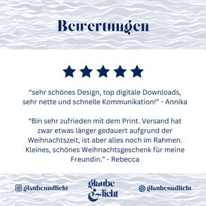 May include: A digital graphic with the word "Bewertungen" at the top, followed by five stars. Below are two customer reviews in German. The bottom of the graphic features the shop's name and social media handles.
