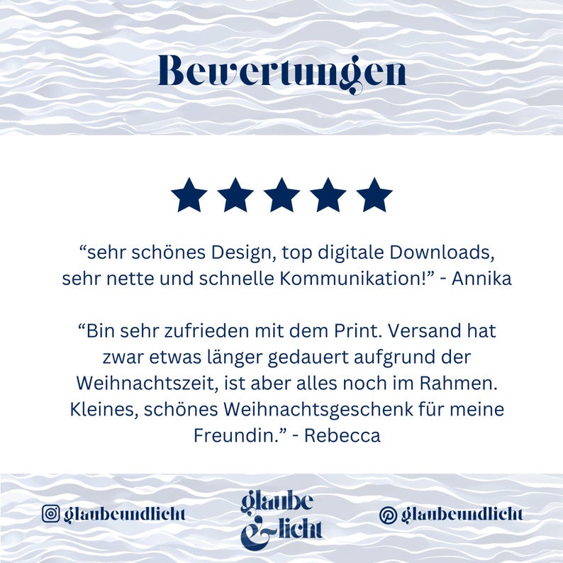 May include: A digital graphic with the word "Bewertungen" at the top, followed by five stars. Below are two customer reviews in German. The bottom of the graphic features the shop's name and social media handles.