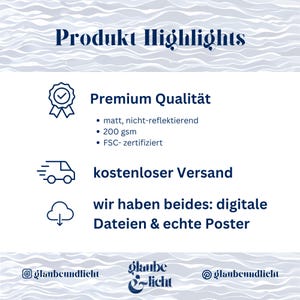 May include: A white background with the text "Produkt Highlights" in dark blue. Below, the text "Premium Qualit&auml;t" is followed by bullet points: "matt, nicht-reflektierend", "200 gsm", and "FSC- zertifiziert". The text "kostenloser Versand" and "wir haben beides: digitale Dateien & echte Poster" are also present.