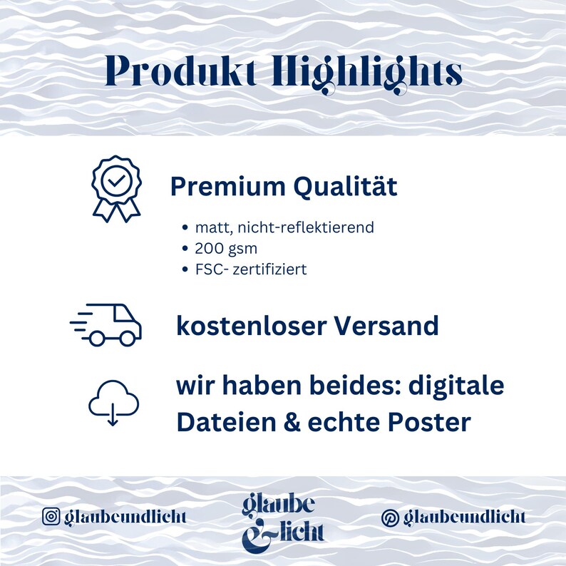 May include: A white background with the text "Produkt Highlights" in dark blue. Below, the text "Premium Qualit&auml;t" is followed by bullet points: "matt, nicht-reflektierend", "200 gsm", and "FSC- zertifiziert". The text "kostenloser Versand" and "wir haben beides: digitale Dateien & echte Poster" are also present.