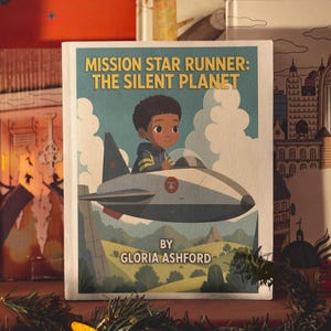 Puede incluir: Un libro de tapa dura titulado Mission Star Runner: The Silent Planet de Gloria Ashford, que presenta una ilustración de dibujos animados de un niño pilotando una nave espacial plateada sobre un paisaje verde, rodeado de otros libros con portadas ilustradas.