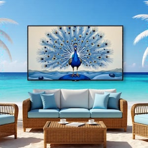 May include: A tropical beach scene featuring a peacock art print, a wicker sofa, two armchairs, and a coffee table. The furniture has blue cushions. Palm trees frame the scene against a blue sky and turquoise water.