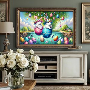 Paashaas tv-muurkunst konijnen in eierschaal boten vissen kleurrijk lente decor schattige dieren display geel blauw