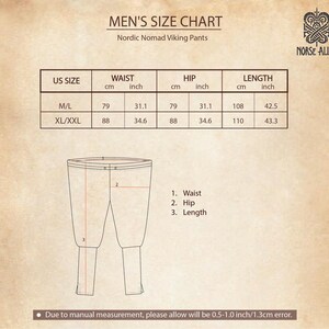May include: Size chart for Viking pants with measurements in inches and centimeters. The chart shows waist, hip, and length measurements for sizes M/L and XL/XXL.