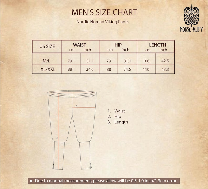May include: Size chart for Viking pants with measurements in inches and centimeters. The chart shows waist, hip, and length measurements for sizes M/L and XL/XXL.