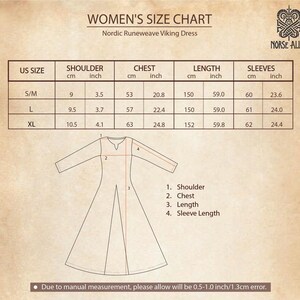 A women's size chart for a Nordic Runeweave Viking Dress, showing measurements in both cm and inches for sizes S/M, L, and XL, with a diagram of the dress indicating shoulder, chest, length, and sleeve length.