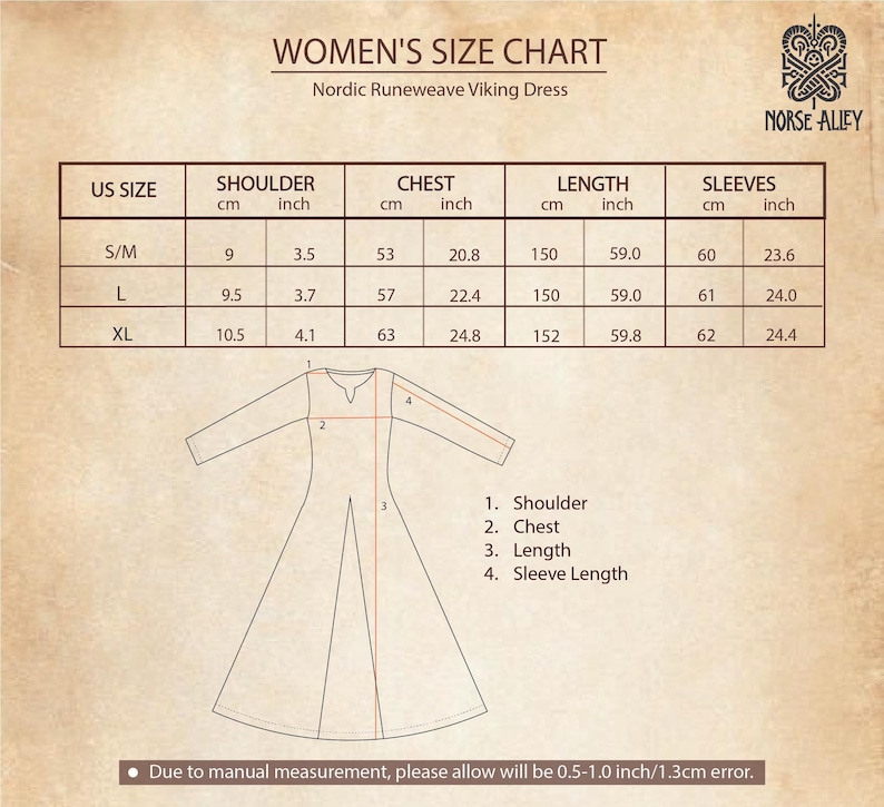 A women's size chart for a Nordic Runeweave Viking Dress, showing measurements in both cm and inches for sizes S/M, L, and XL, with a diagram of the dress indicating shoulder, chest, length, and sleeve length.