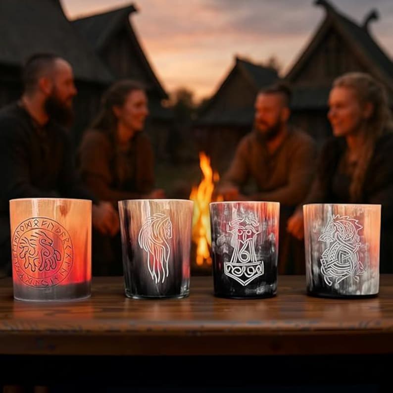 May include: Four Viking-style drinking glasses with illuminated interiors on a wooden table. Each glass has a different etched design: a runic symbol, a horse, Thor's hammer, and a knot pattern. People are gathered around a campfire in the background.